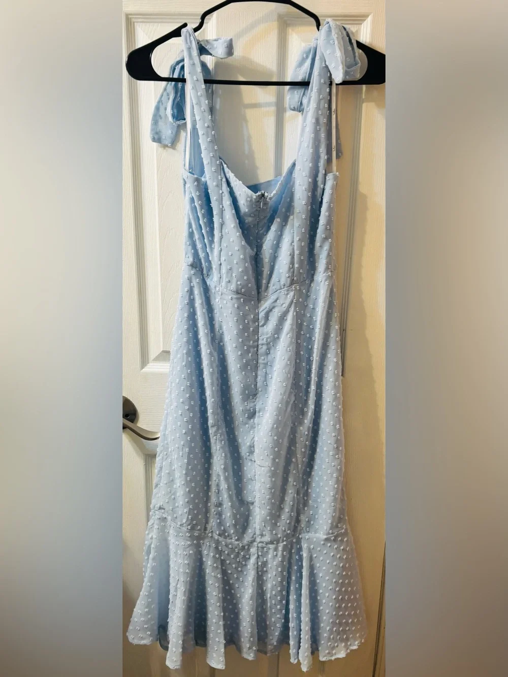 Lulus Bimini Periwinkle Blue Swiss Dot Tie-Strap Midi Dresses